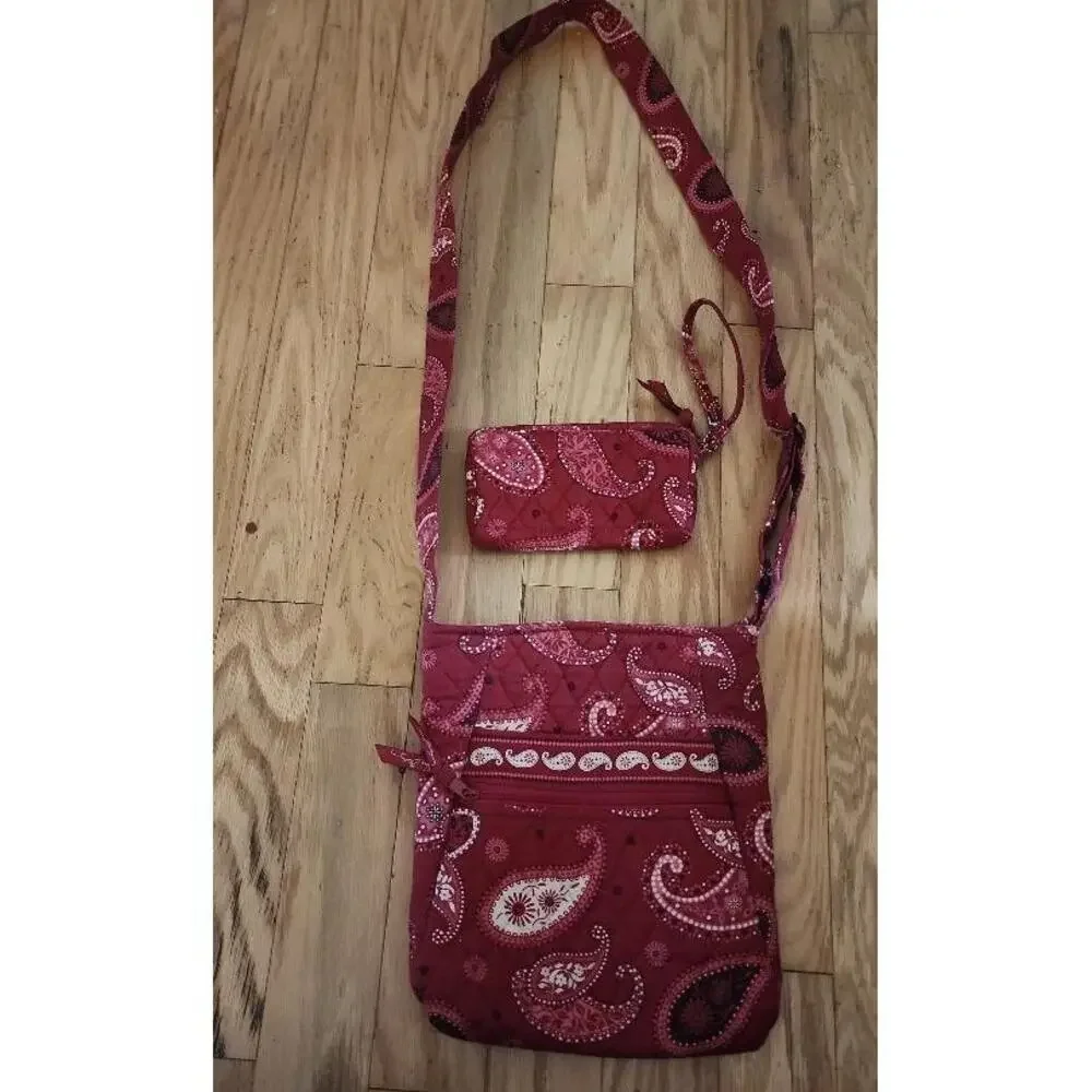 Vera Bradley Crossbody Bag Wristlet Set Womens Red Paisley Quilted Matching Boho